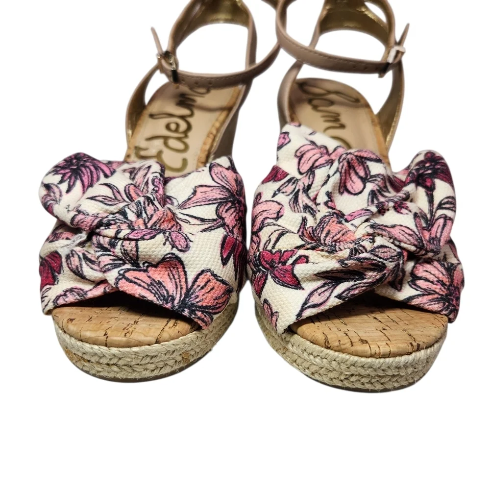 Sam Edelman Aubrey Pink Multi Floral Wedge Sandal Size 7.5 Cottagecore Garden